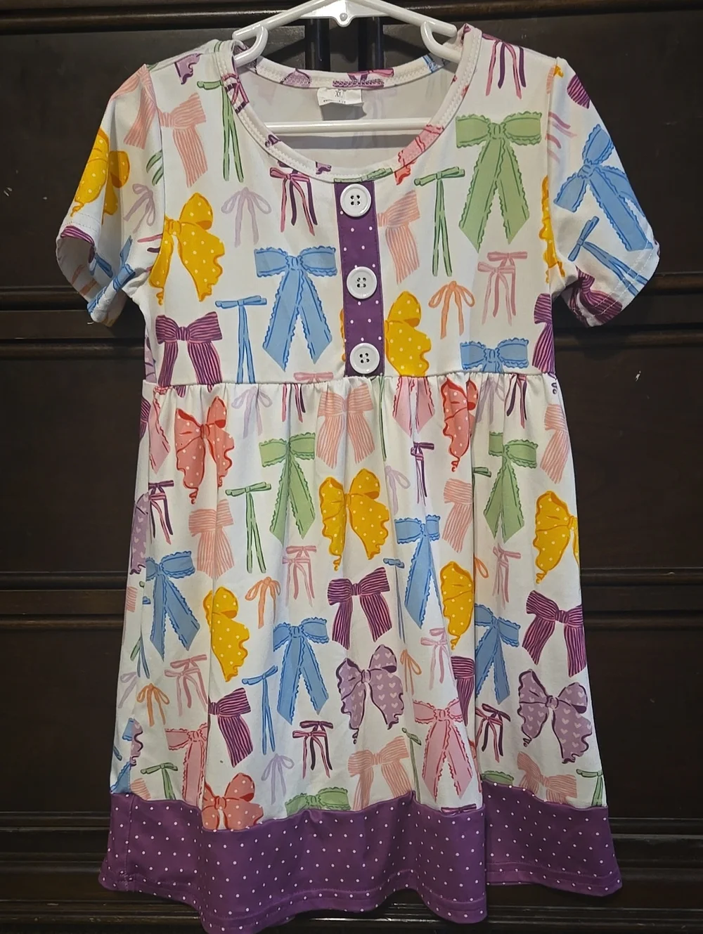 Girls' 5/6 Multicolor Bow Print Short Sleeve Dress